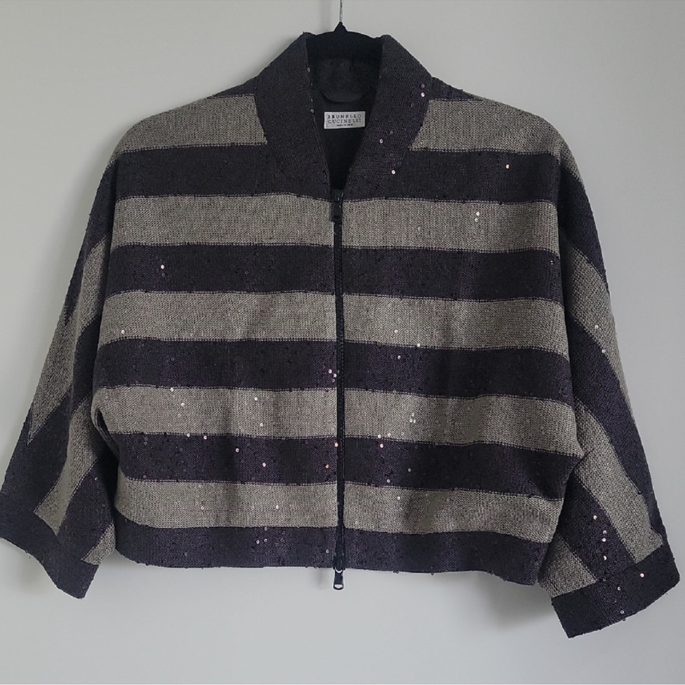 Brunello Cucinelli Black and Gray Striped Bomber Jacket Medium